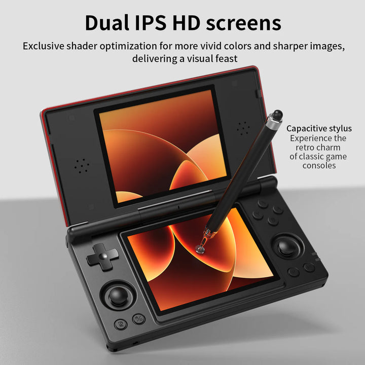 Gaming console with dual IPS HD screens and stylus on a light gray background