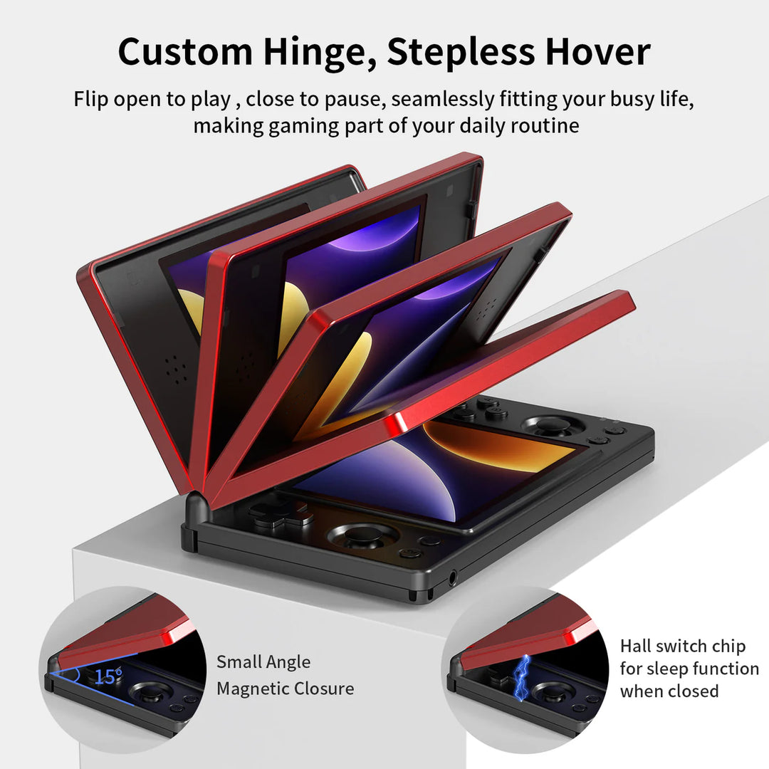 Gaming device with customizable hinge and stepless hover feature on a white background