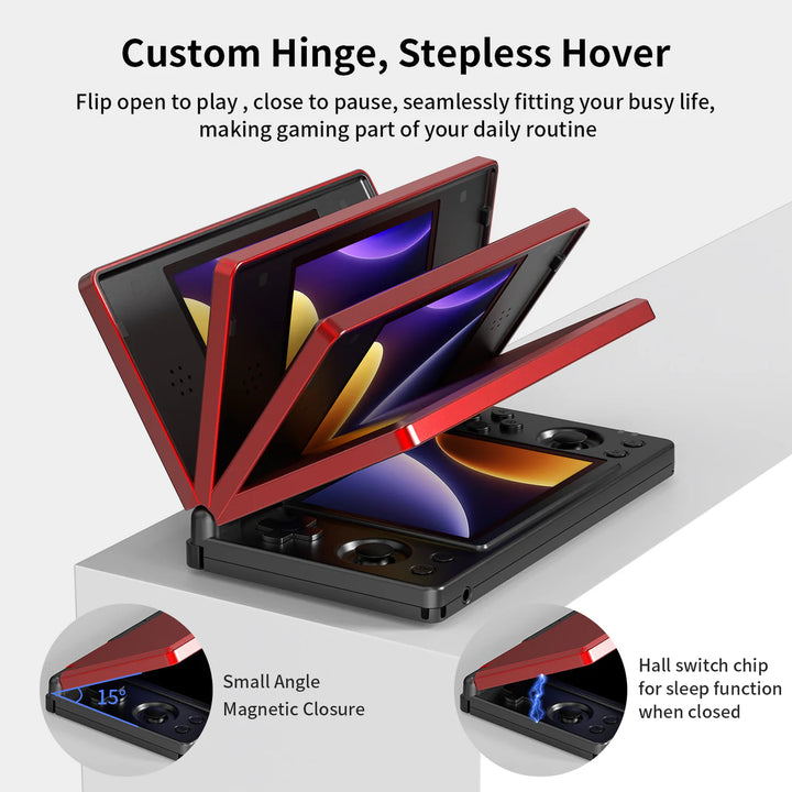 Gaming device with customizable hinge and stepless hover feature on a white background