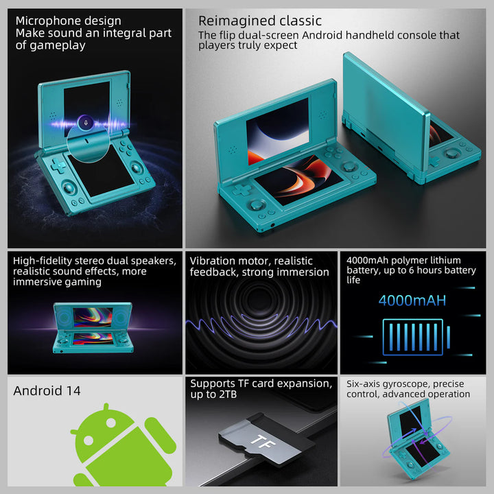 Teal handheld console with features listed on a gray background