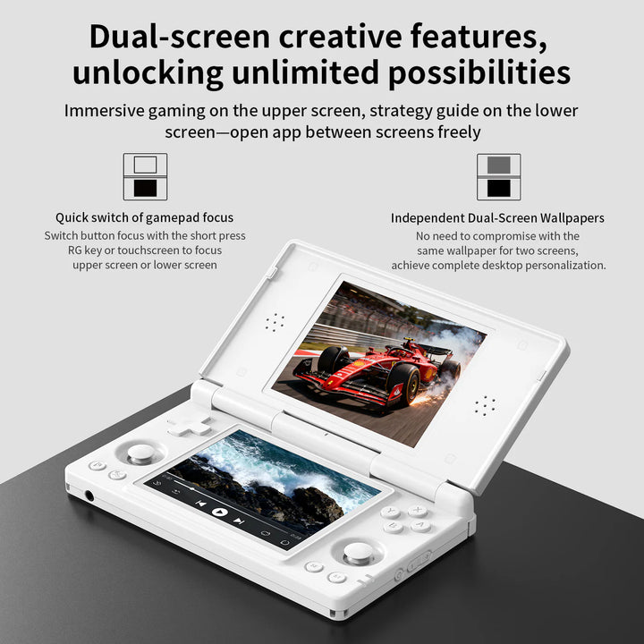 Dual-screen device with gaming and strategy guide on screens, text highlighting features.