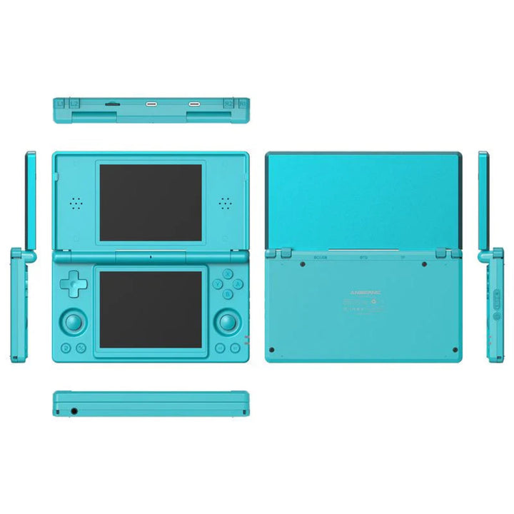 Turquoise gaming console with all parts displayed on a white background
