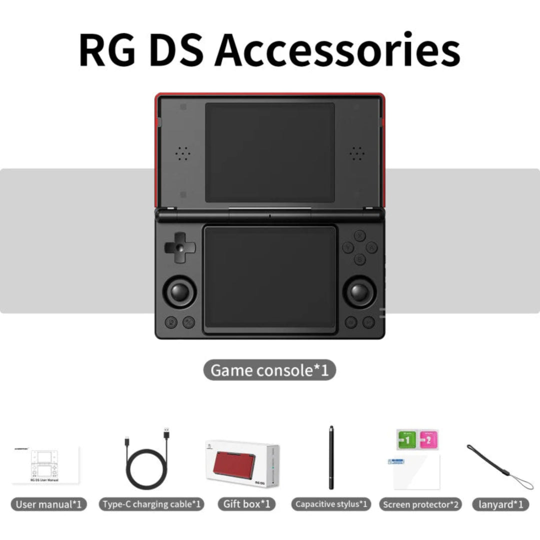 Black game console with accessories listed below on a white background