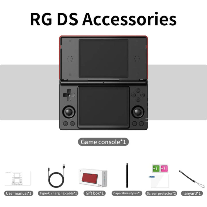 Black game console with accessories listed below on a white background