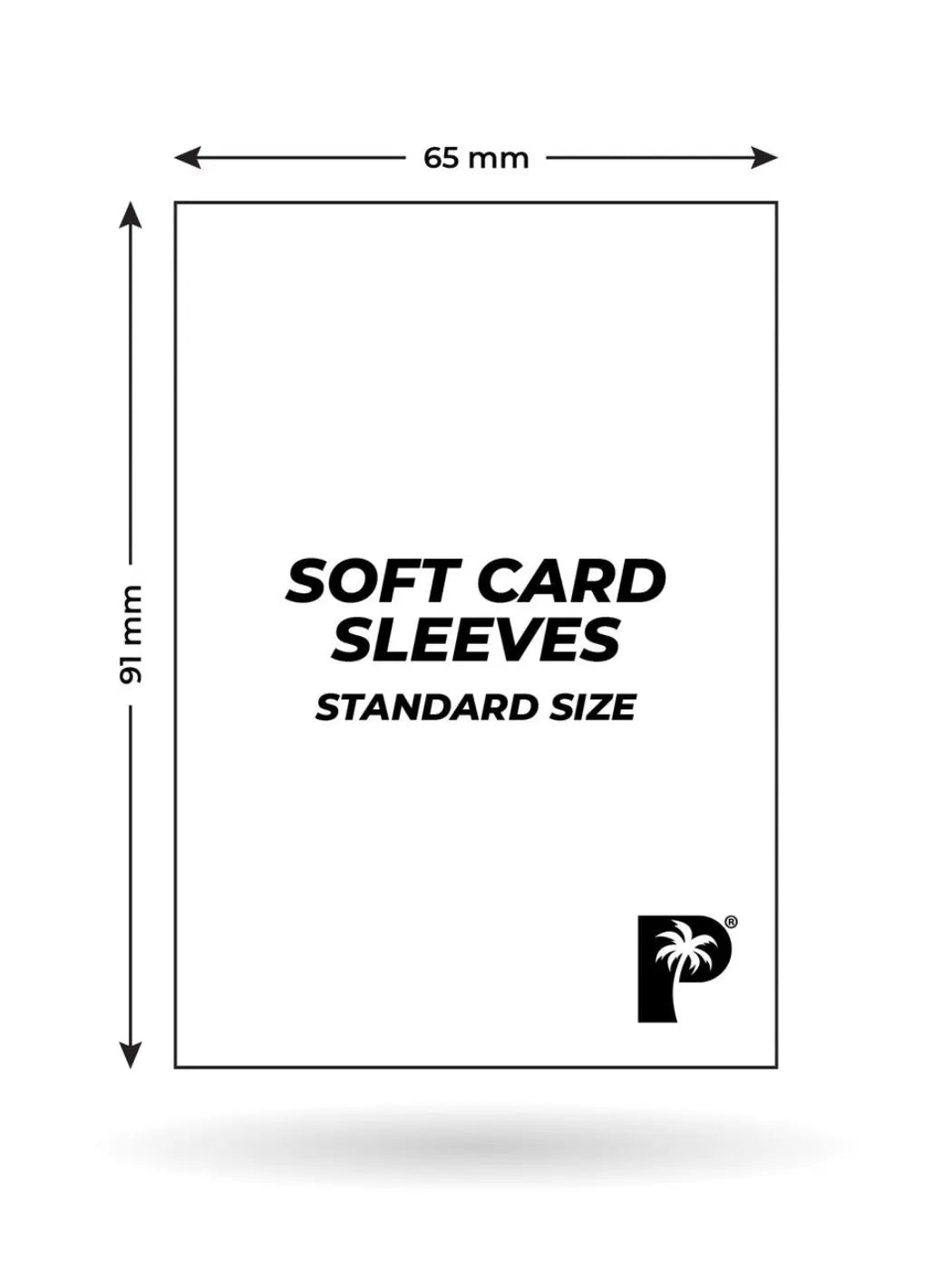 Measurement chart for soft card sleeves with dimensions and a brand logo.