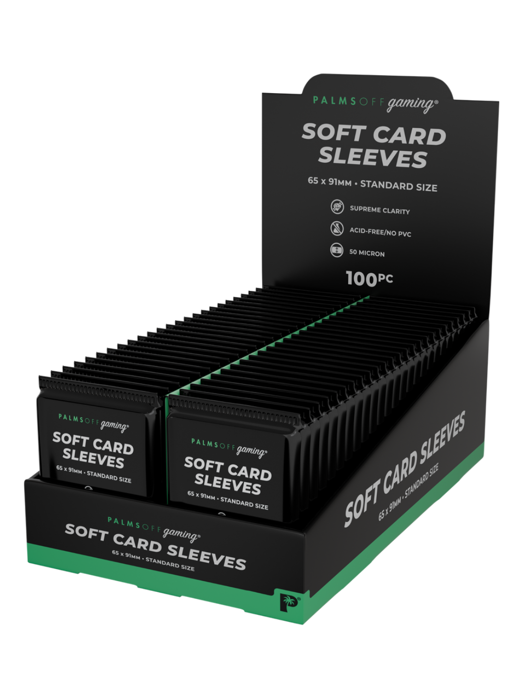 Display of Palm Sox gaming soft card sleeves packaging on a white background