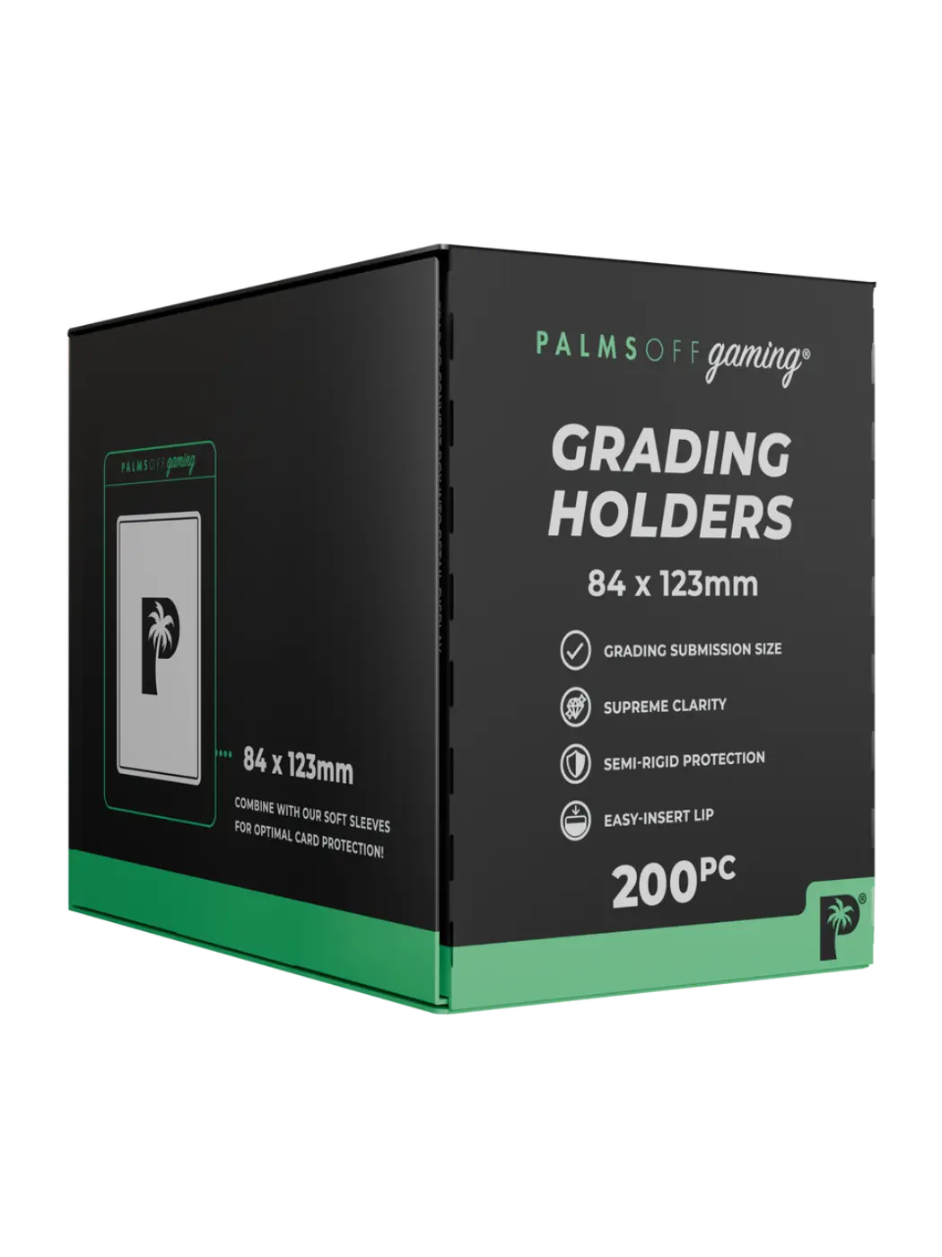 Box of Palms Off Gaming Grading Holders with product details on a white background