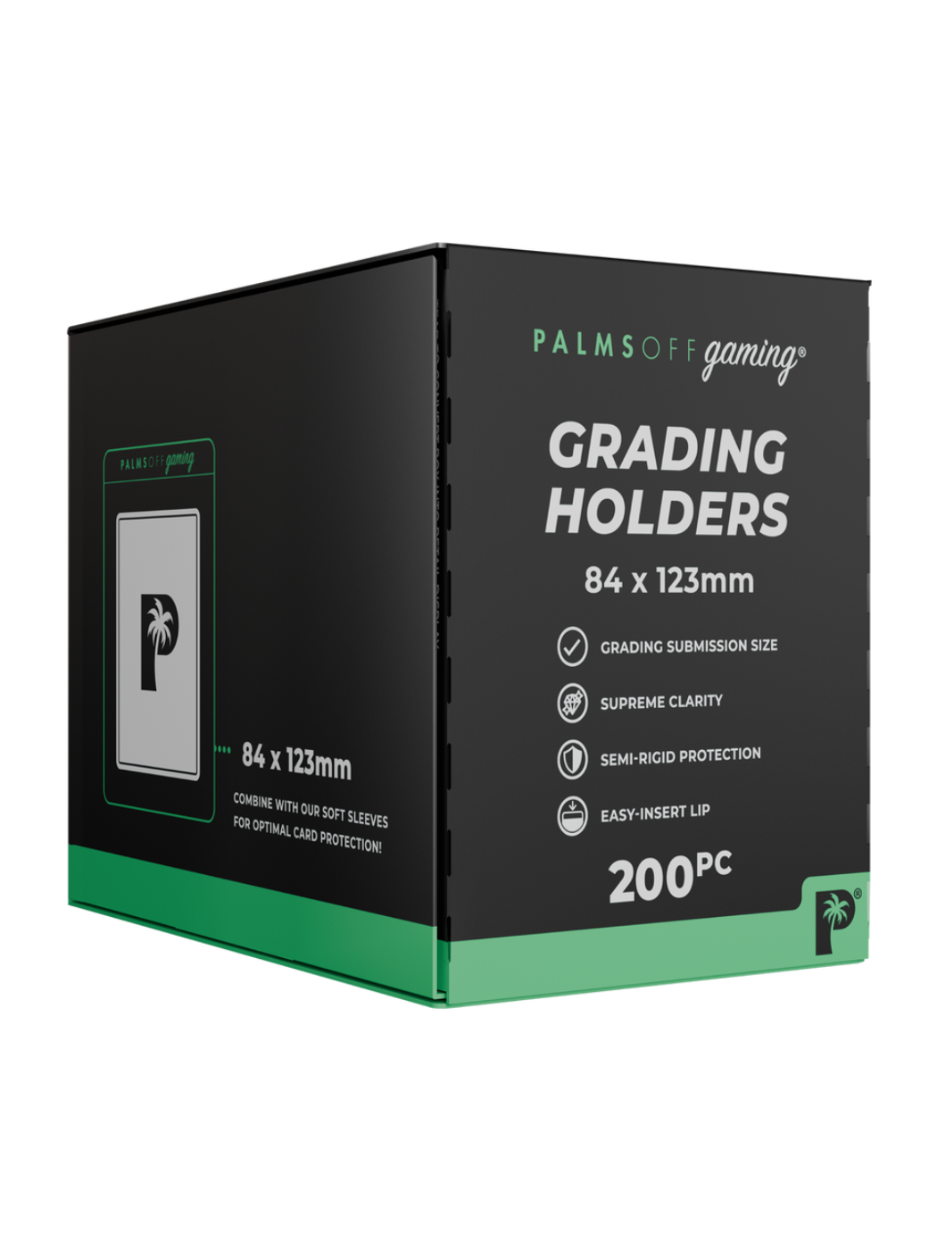 Box of Palms Off Gaming Grading Holders with product details on a white background