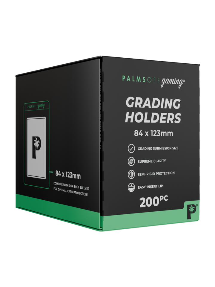 Box of Palms Off Gaming Grading Holders with product details on a white background