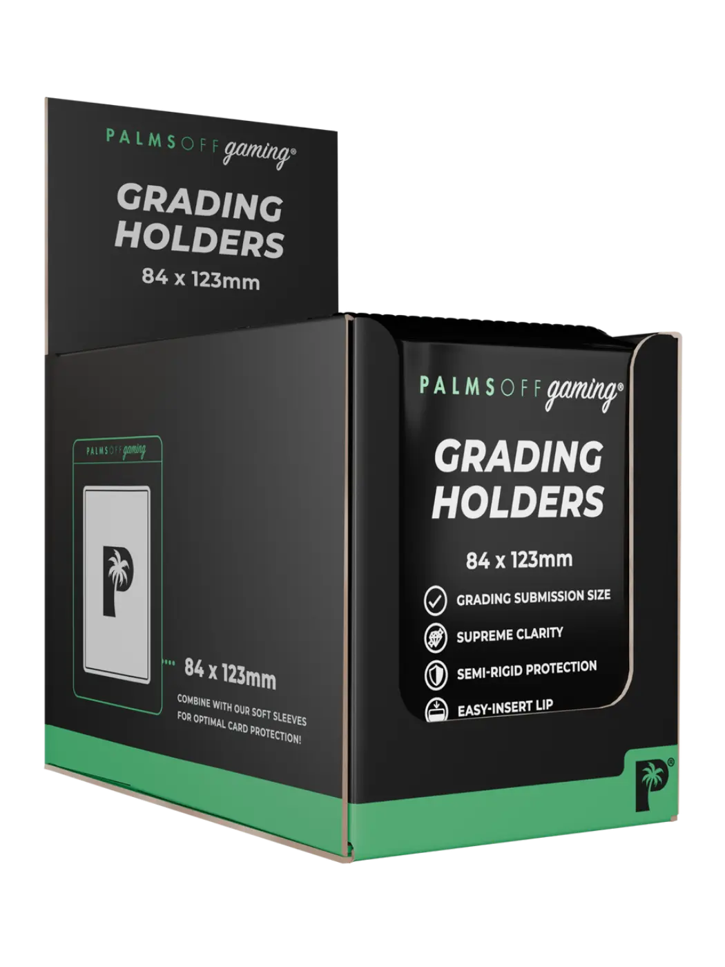 Box of Palms Off Gaming Grading Holders with branding and product details.