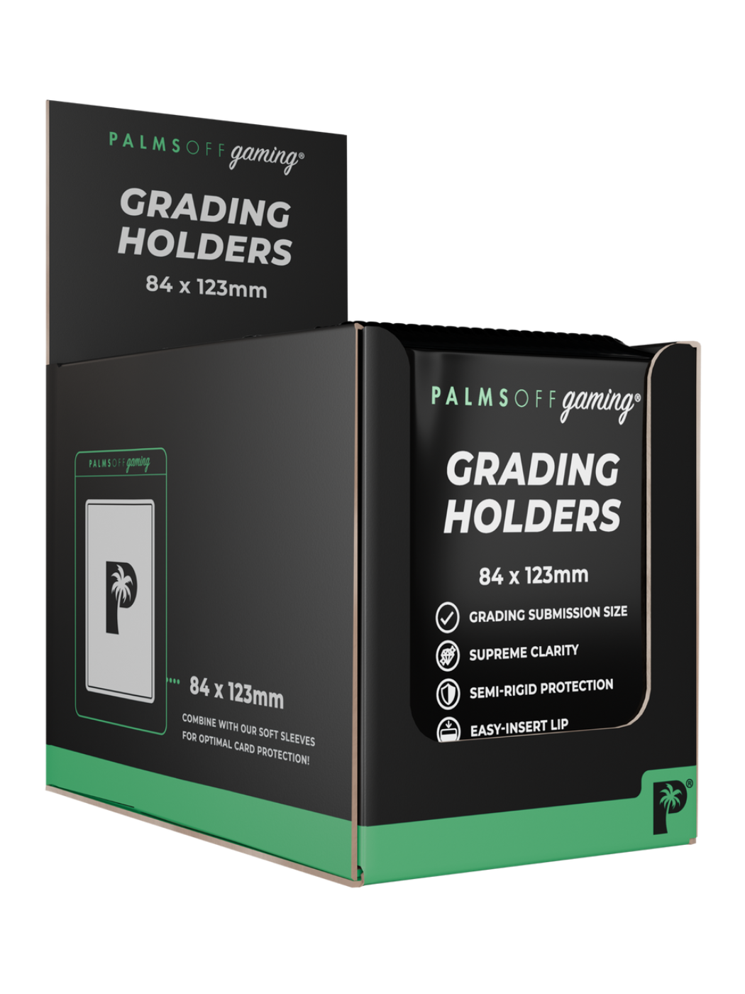 Box of Palms Off Gaming Grading Holders with branding and product details.