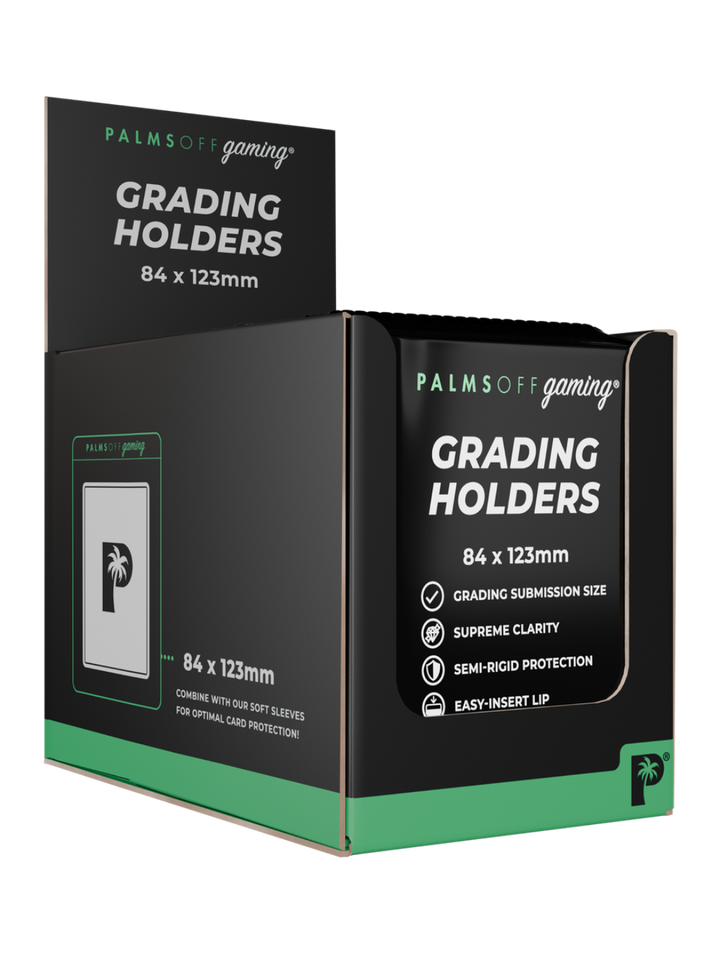 Box of Palms Off Gaming Grading Holders with branding and product details.
