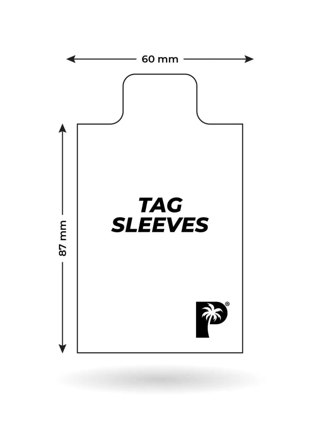 Diagram of a tag sleeve with dimensions and a palm tree logo on a white background