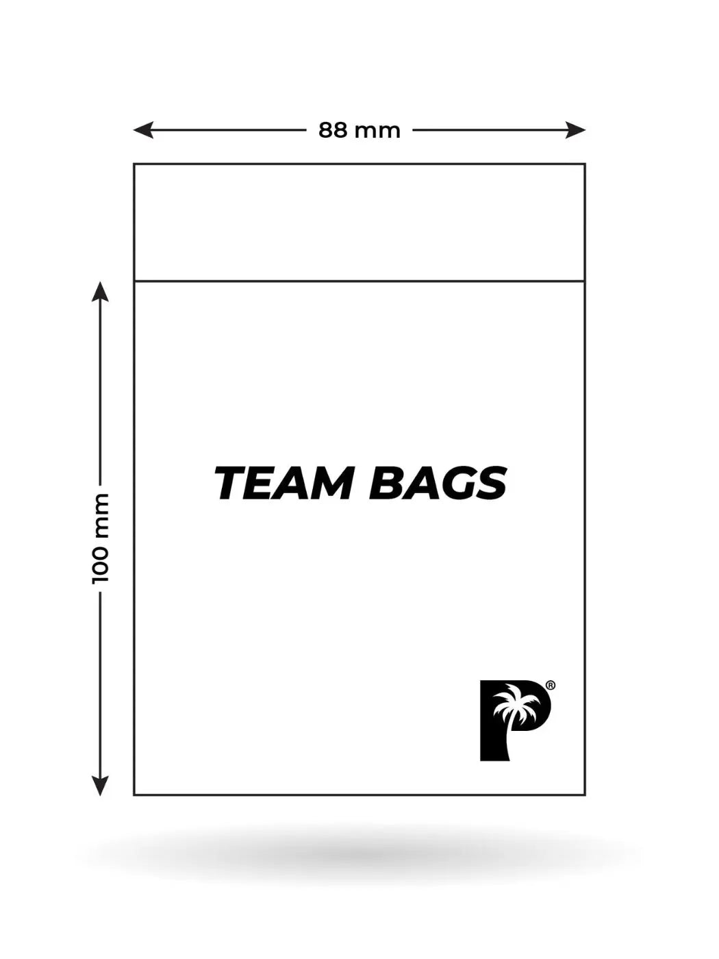 Diagram of a team bag with dimensions and a brand logo on a white background