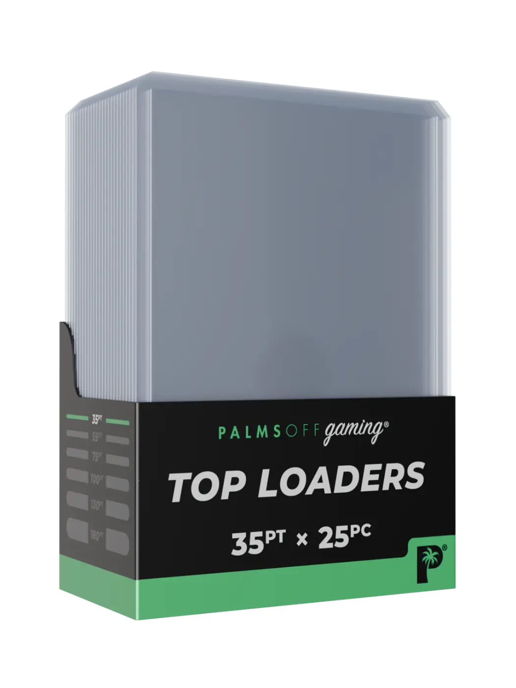 Box of Palms Off Gaming Top Loaders with gray top loader and black label on a white background