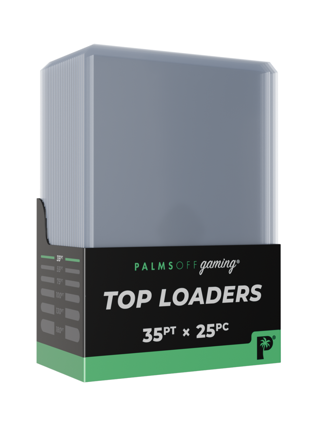 Box of Palms Off Gaming Top Loaders with gray top loader and black label on a white background