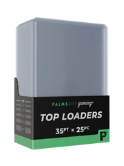 Box of Palms Off Gaming Top Loaders with gray top loader and black label on a white background