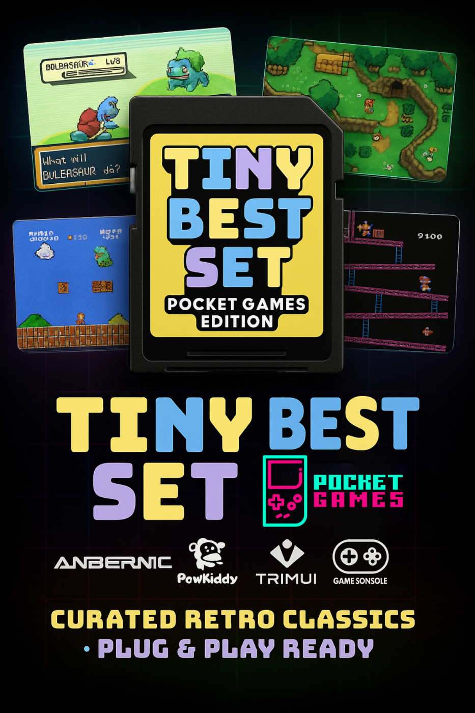 Tiny Best Set pocket games edition packaging with retro game cartridges on a dark background
