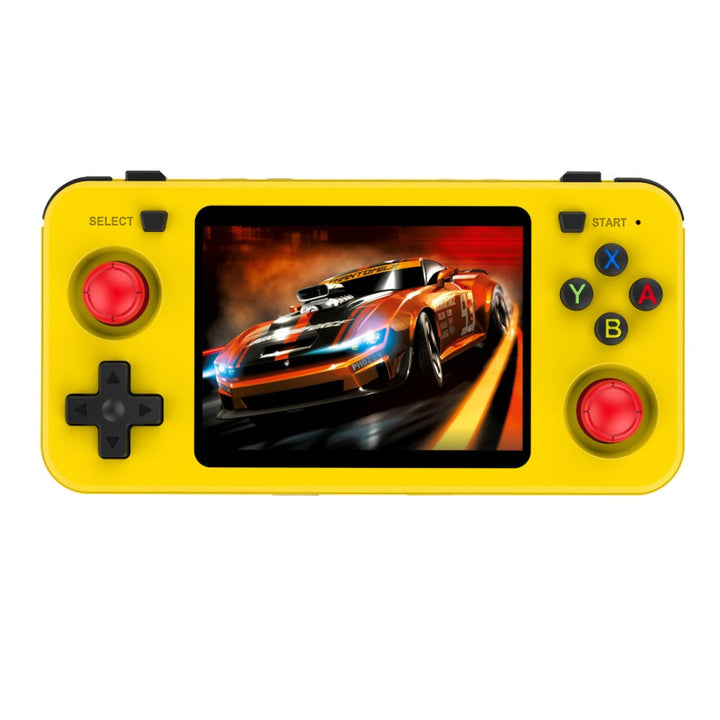 Yellow handheld gaming console with a racing game displayed on the screen.