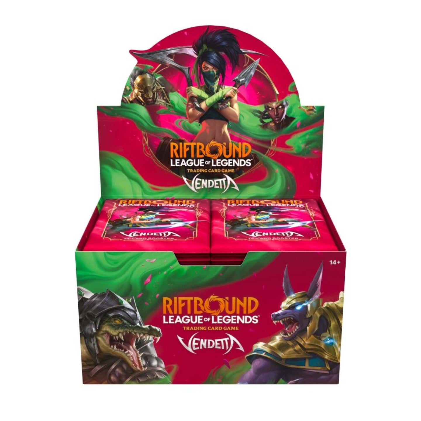 Trading card game box featuring characters from 'League of Legends' with vibrant colors and dynamic poses.