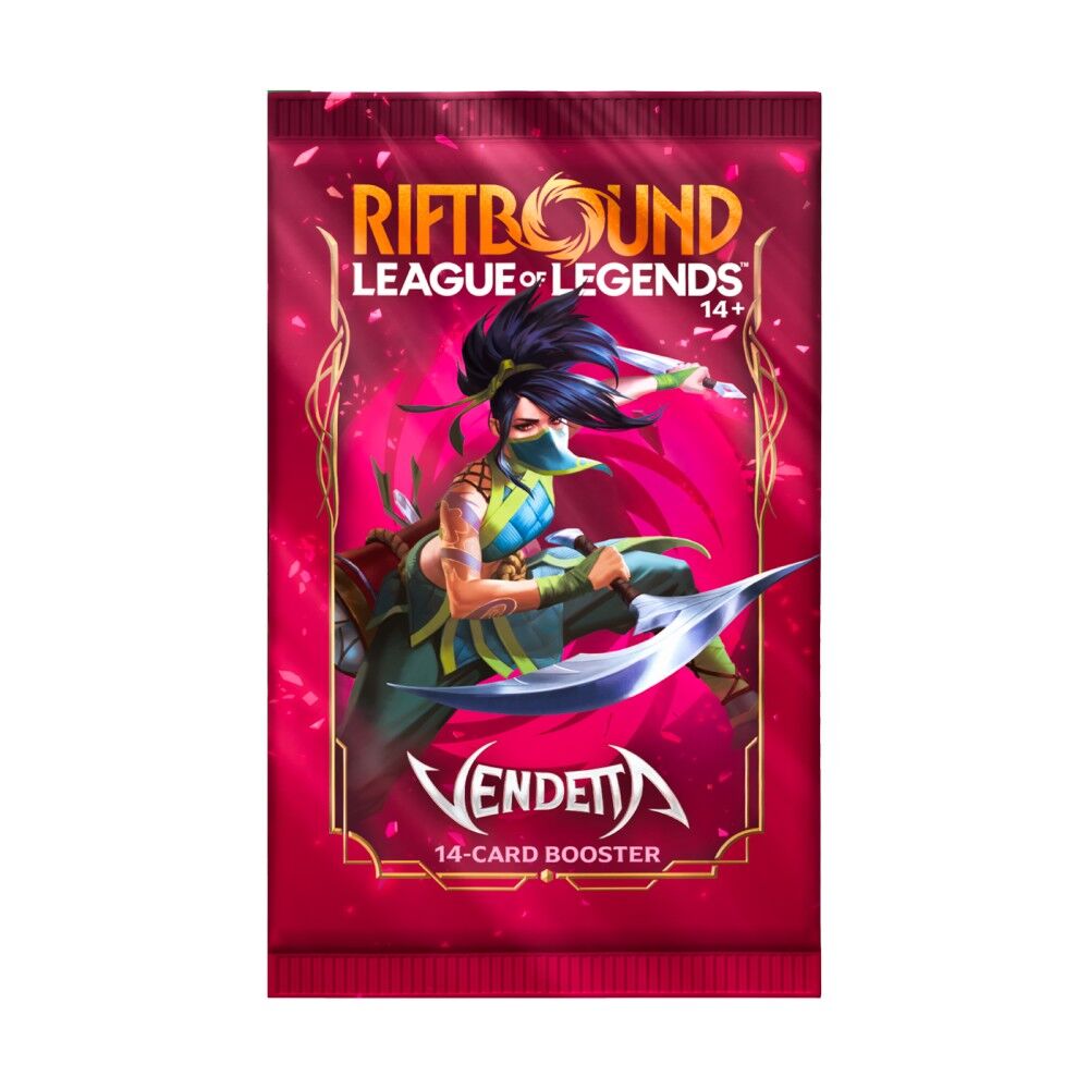 Riftbound League of Legends card booster pack with character illustration on a pink background