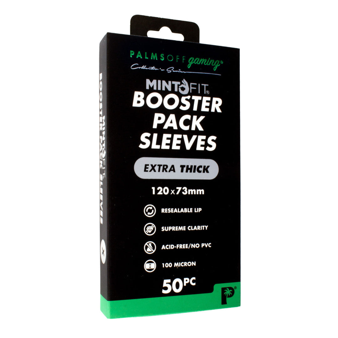 MintFit Booster Pack Sleeves - Extra Thick Box of Mint Fit Booster Pack Sleeves with branding on a white background