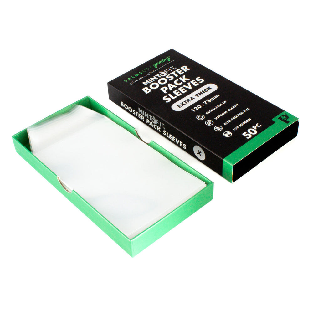 MintFit Booster Pack Sleeves - Extra Thick Cardboard packaging of booster pack sleeves with green and black design on a white background