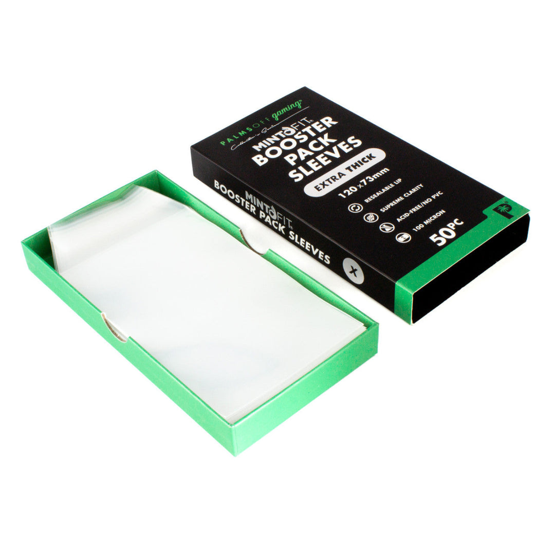 MintFit Booster Pack Sleeves - Extra Thick Cardboard packaging of booster pack sleeves with green and black design on a white background