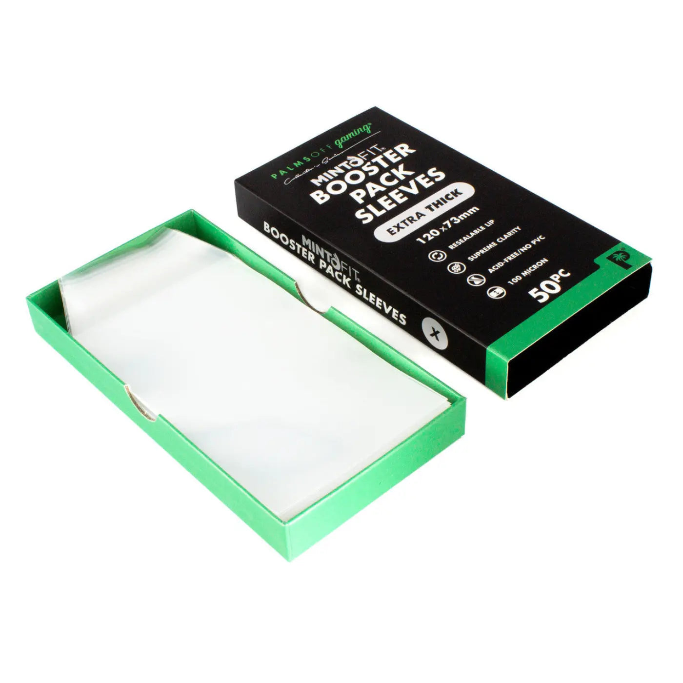 MintFit Booster Pack Sleeves - Extra Thick Cardboard packaging of booster pack sleeves with green and black design on a white background