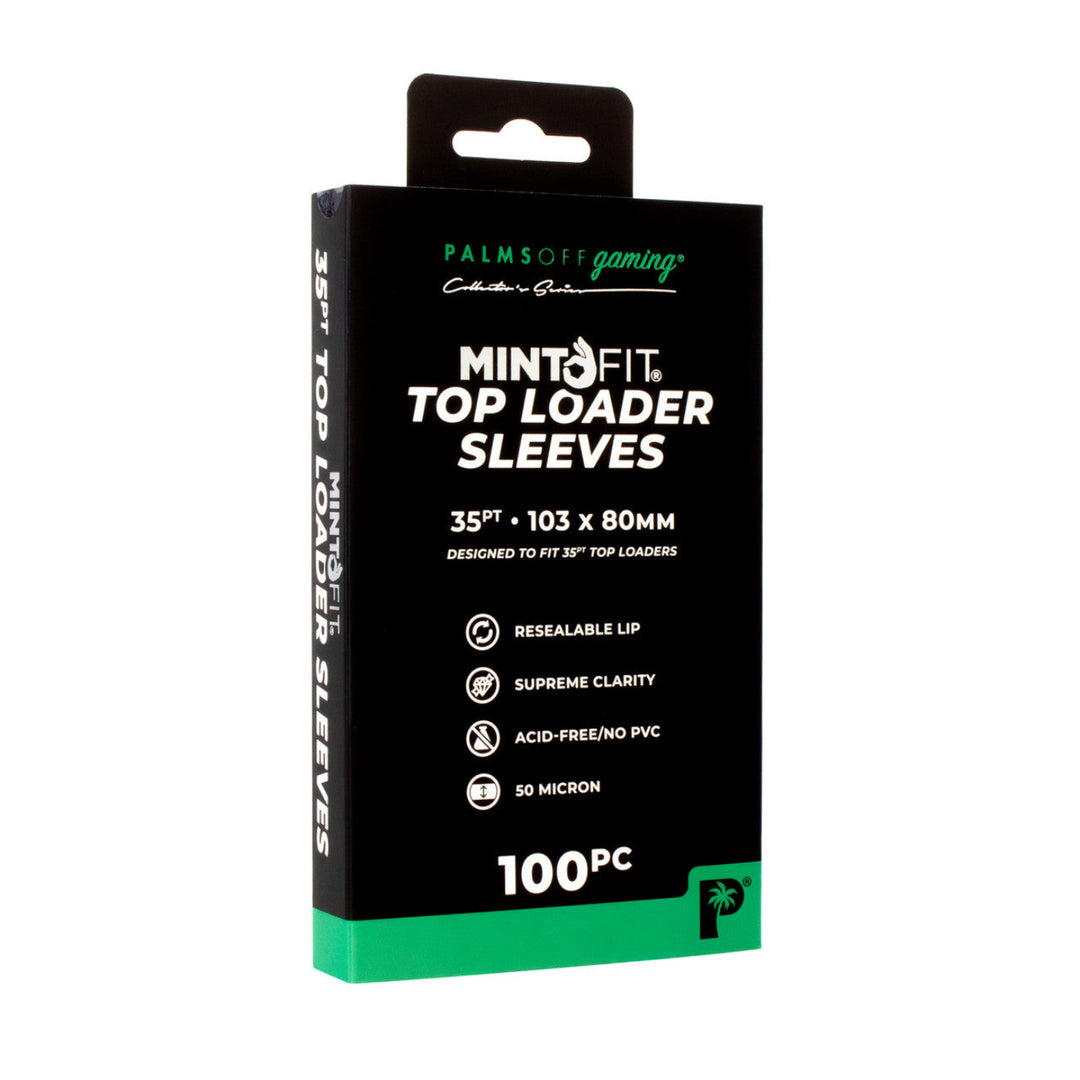 Box of Mint Fit Top Loader Sleeves with branding on a white background