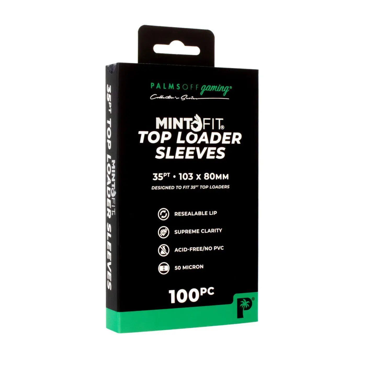 Box of Mint Fit Top Loader Sleeves with branding on a white background