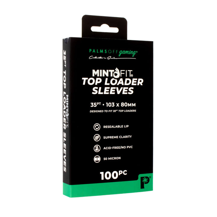 Box of Mint Fit Top Loader Sleeves with branding on a white background