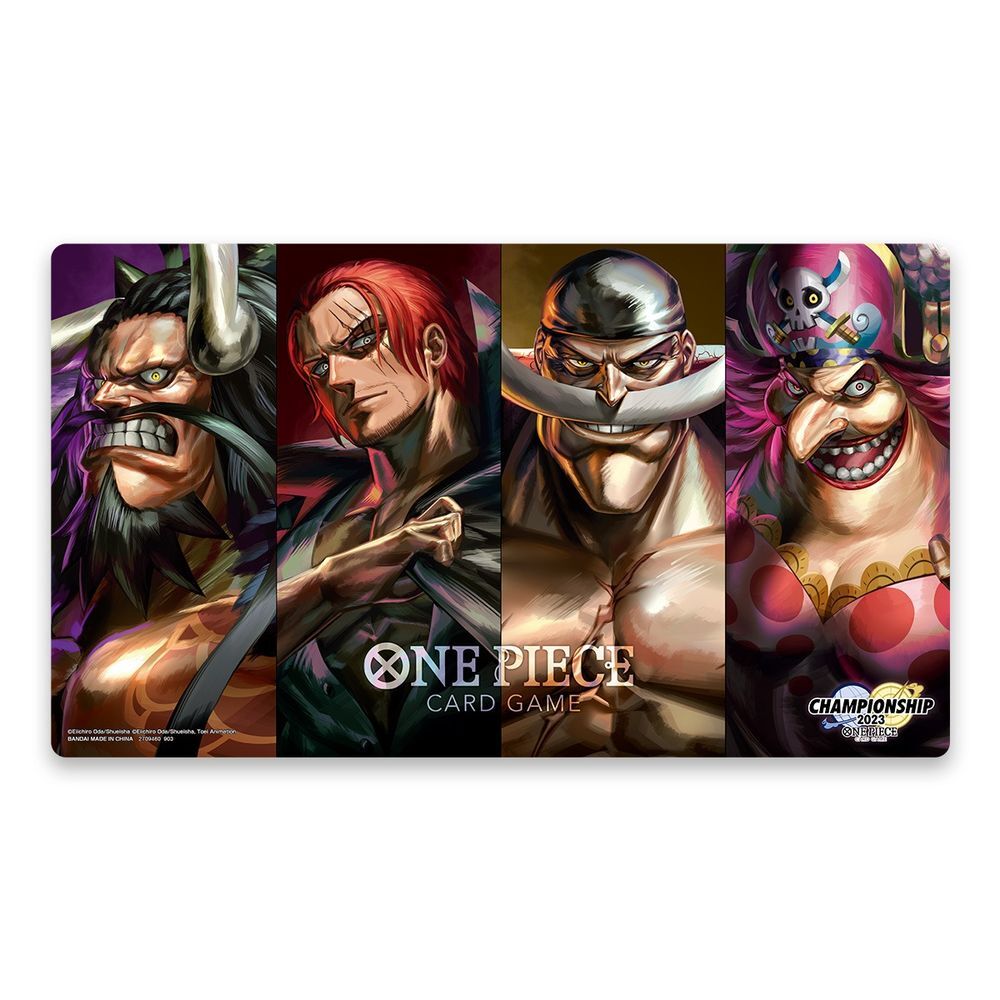 One Piece card game playmat with character illustrations on a white background