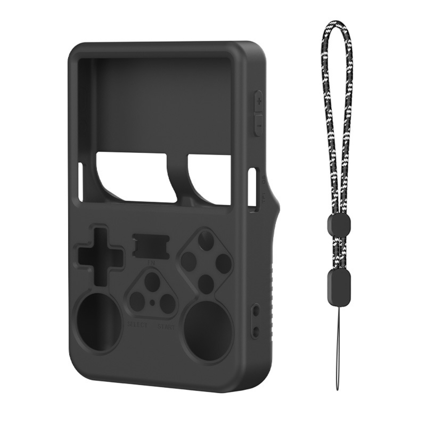 Black silicone case for a handheld device with a lanyard on a white background