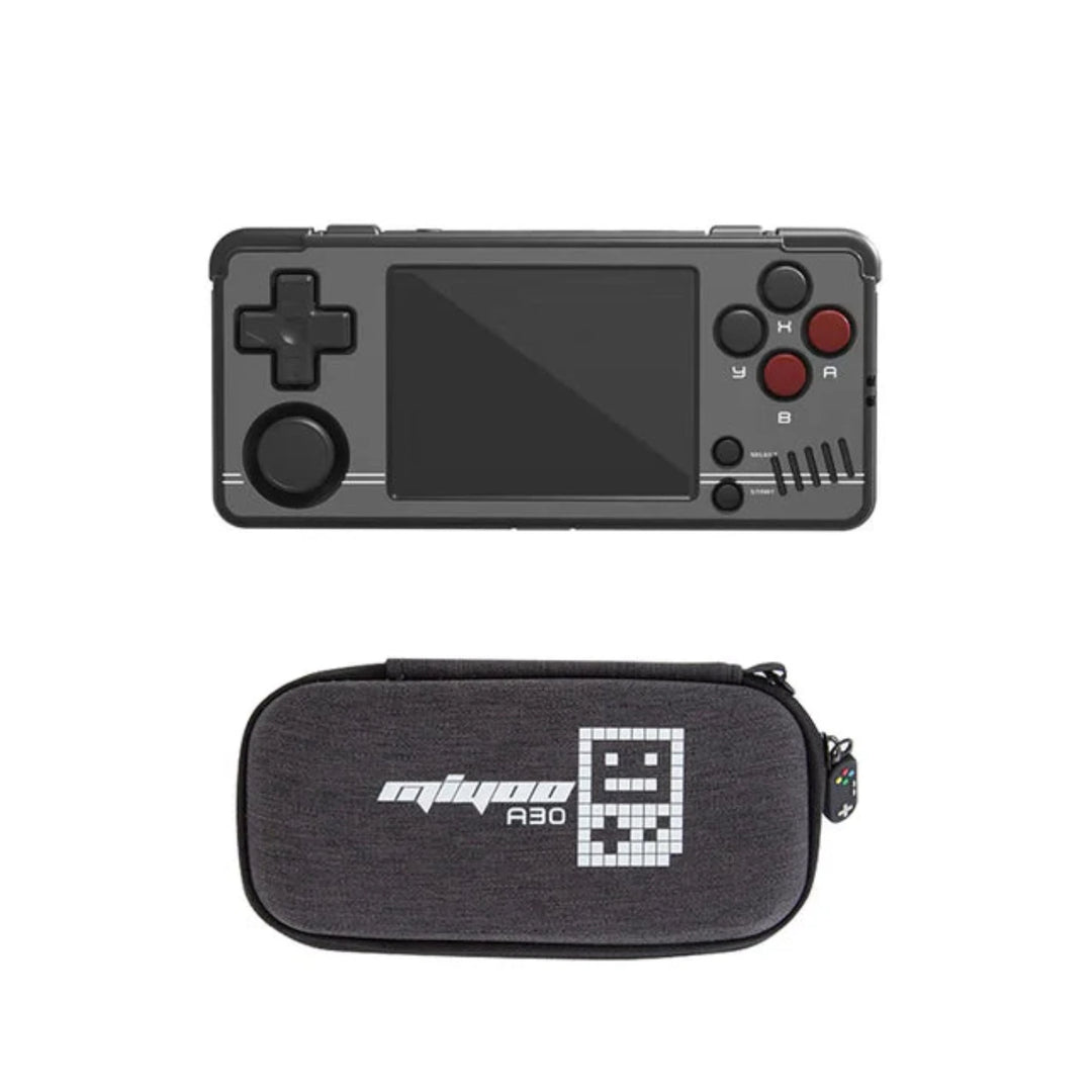 Pocket Games Miyoo A30 in black with a carry case