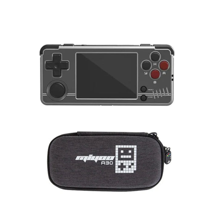 Pocket Games Miyoo A30 in black and grey with a carry case