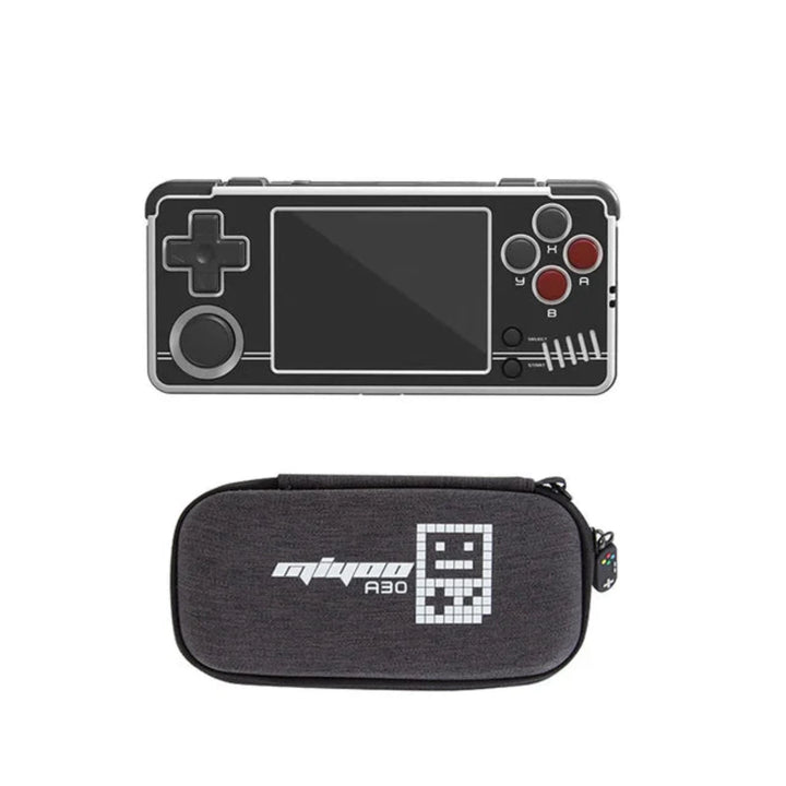 Pocket Games Miyoo A30 in black and white with a carry case