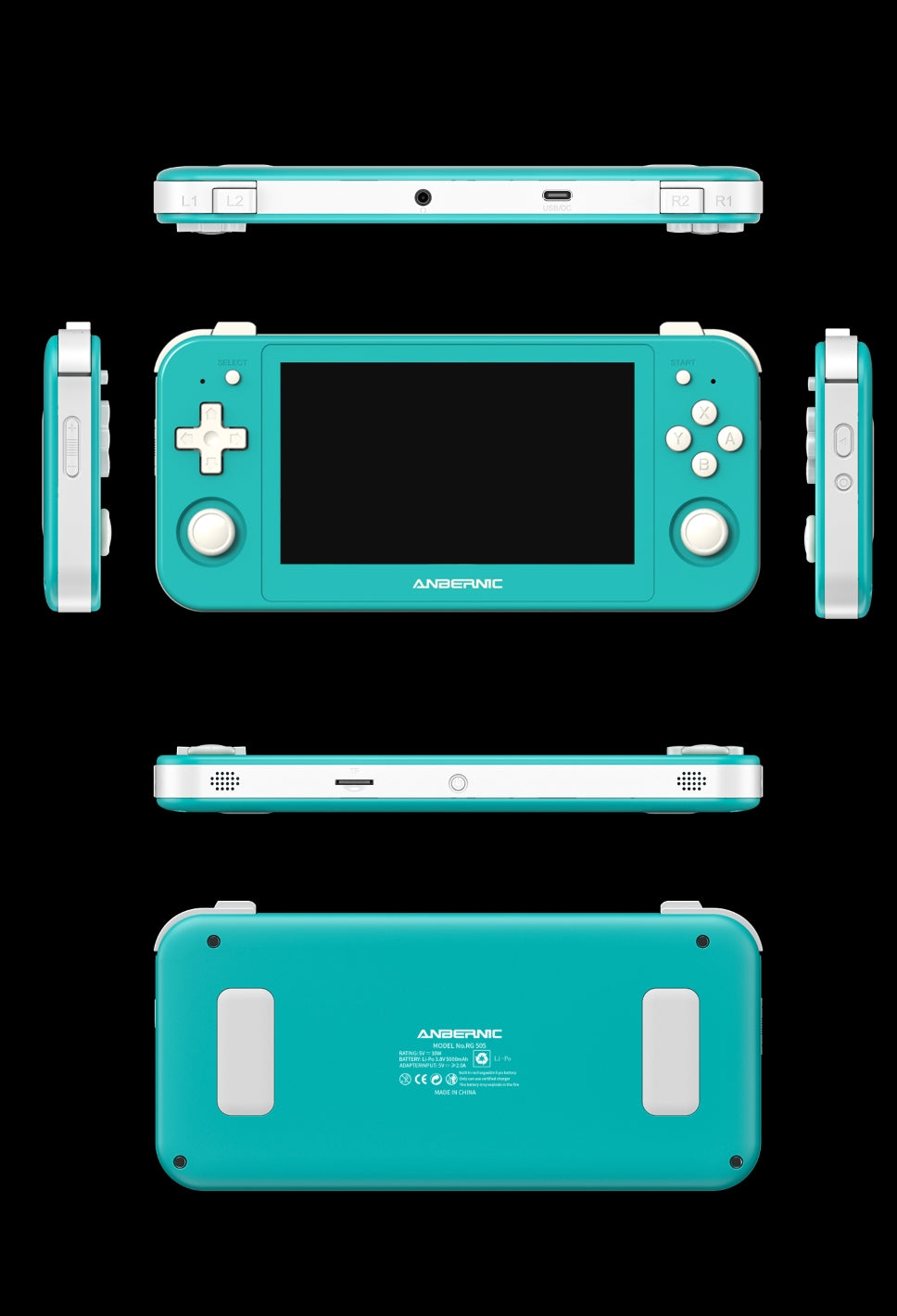 Anbernic RG505 in a unique and vibrant turquoise colour.