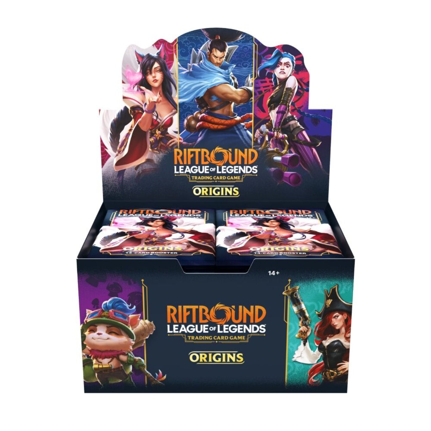 Riftbound League of Legends trading card game box with character illustrations on a white background