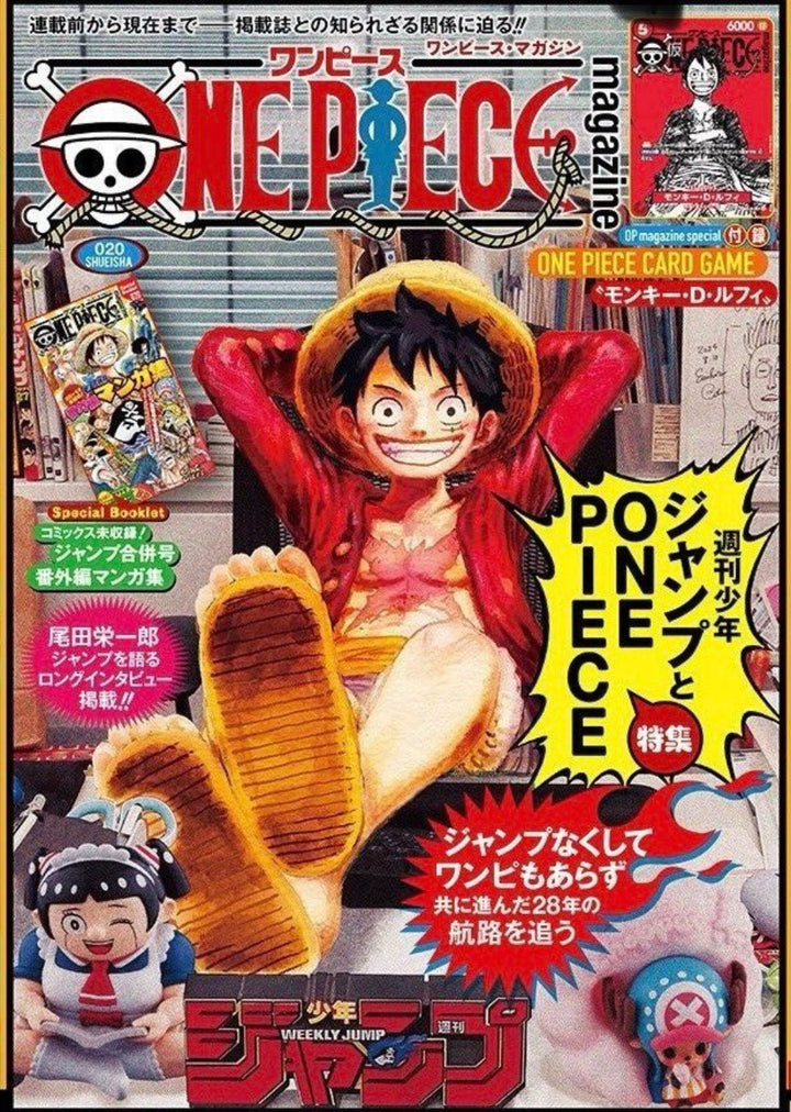 Magazine cover featuring an animated character with promotional text for 'One Piece' card game.