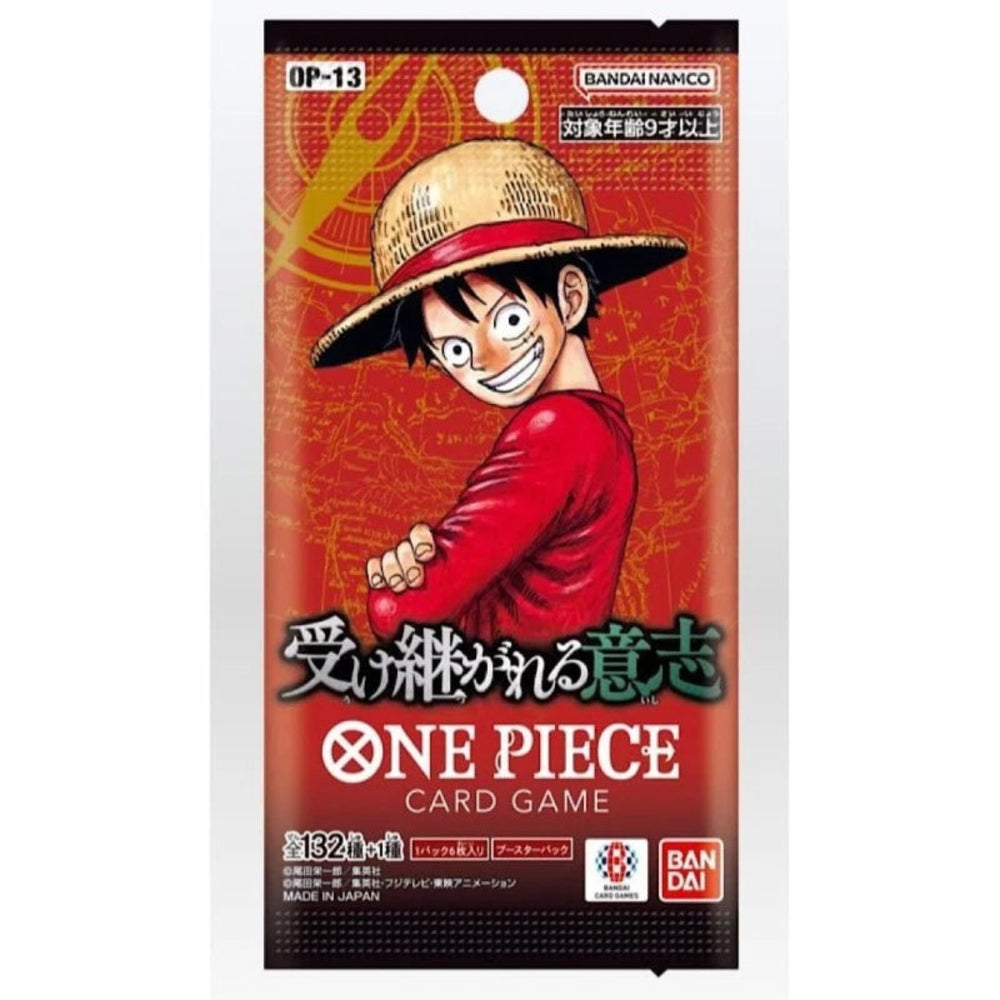 One Piece card game packaging with character design on a red and black background