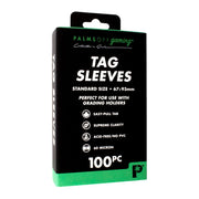 Box of Palms Off gaming Tag Sleeves with black and green design on a white background