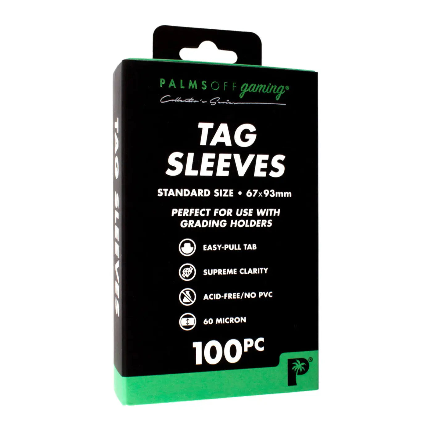 Box of Palms Off gaming Tag Sleeves with black and green design on a white background
