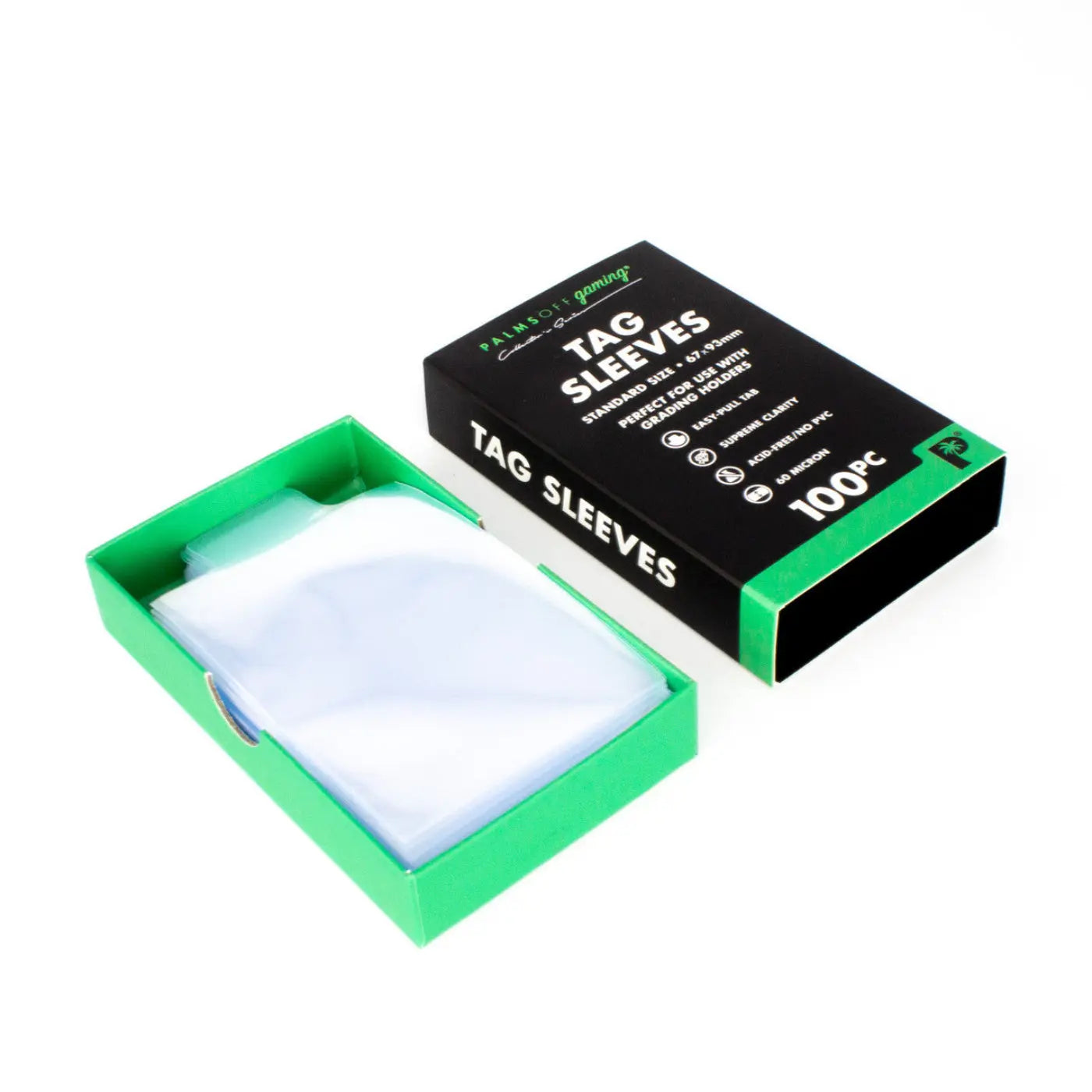 Packaging of tag sleeves with a green box and black label on a white background