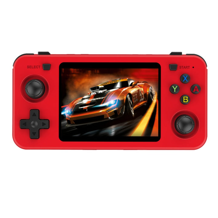 Game Console R36H Red handheld gaming console with a screen displaying a racing game on a white background
